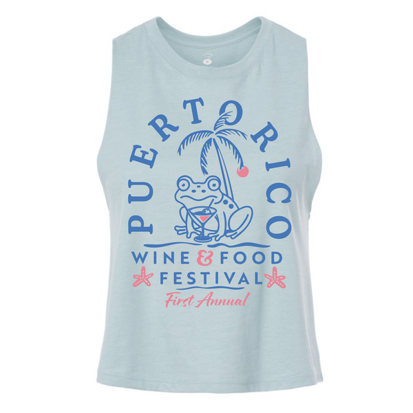 Puerto Rico Wine & Food Festival - Women's Racerback Crop Tank - Coqui Frog - Dusty Blue