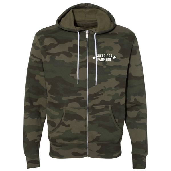 Chefs For Farmers ’22 - Chefs for Farmers - Unisex Fleece Hooded Zip-Up Hooded Sweatshirt- Forest Camo
